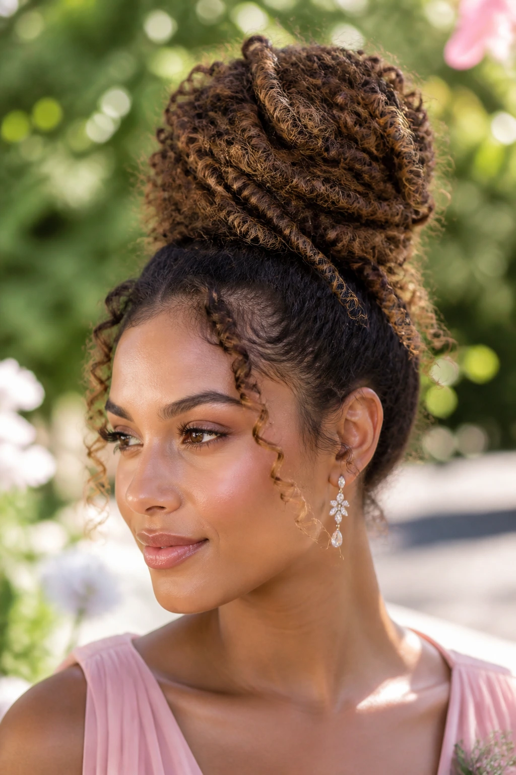 Close-up of a real woman with a curly pineapple bun in a sunlit garden