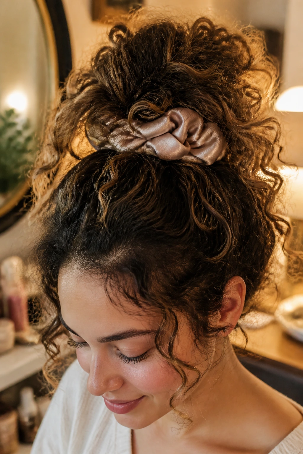 Close-up portrait of a woman with curly hair in a high pineapple bun