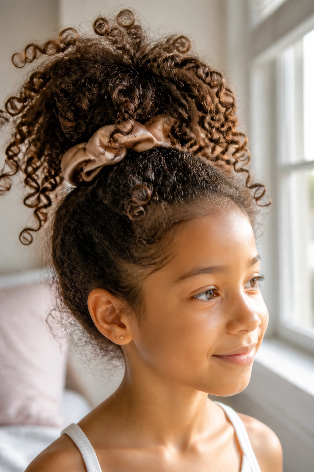 Close-up of a child with a high curly pineapple bun