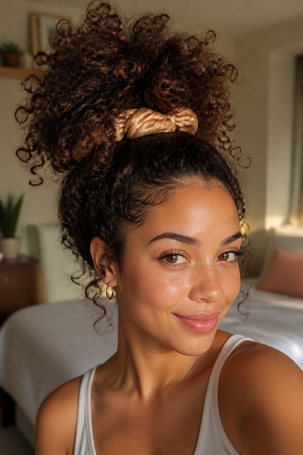 Close-up of curly-hair pineapple bun on a real person with curls puffing around a high bun