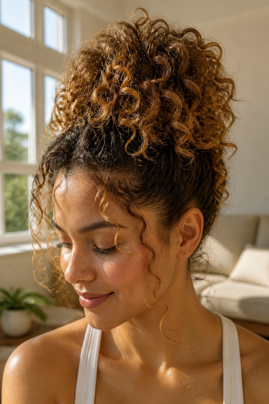 Close-up portrait of a real woman with a curly pineapple bun