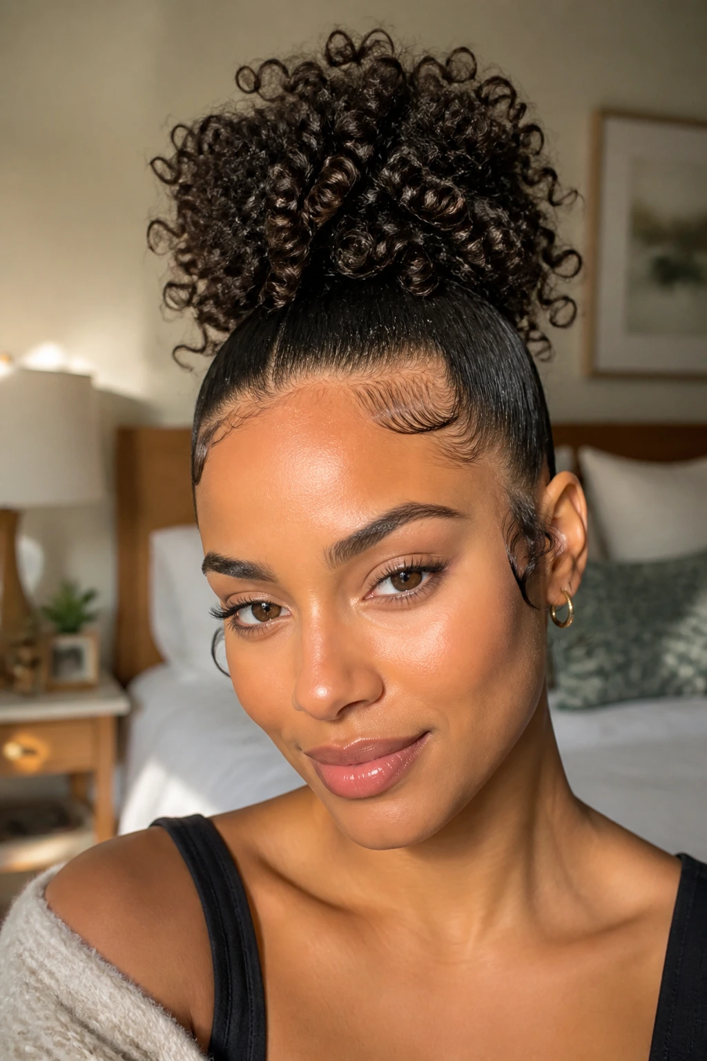 Real woman with curly pineapple updo and polished edges in soft morning light