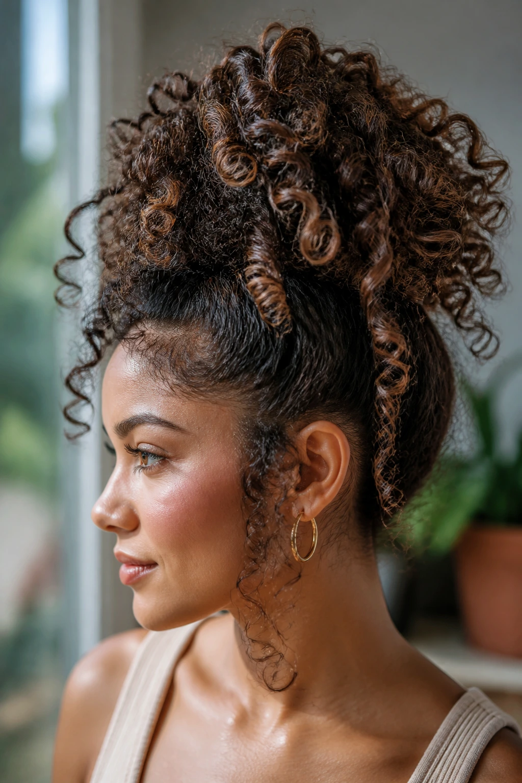 Portrait of a woman with a high curly pineapple ponytail in a sunny outdoor garden