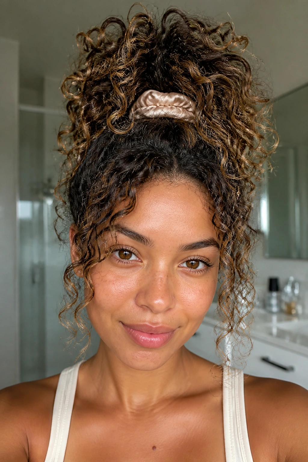 Close-up of real woman with curly pineapple messy ponytail in bright bathroom light