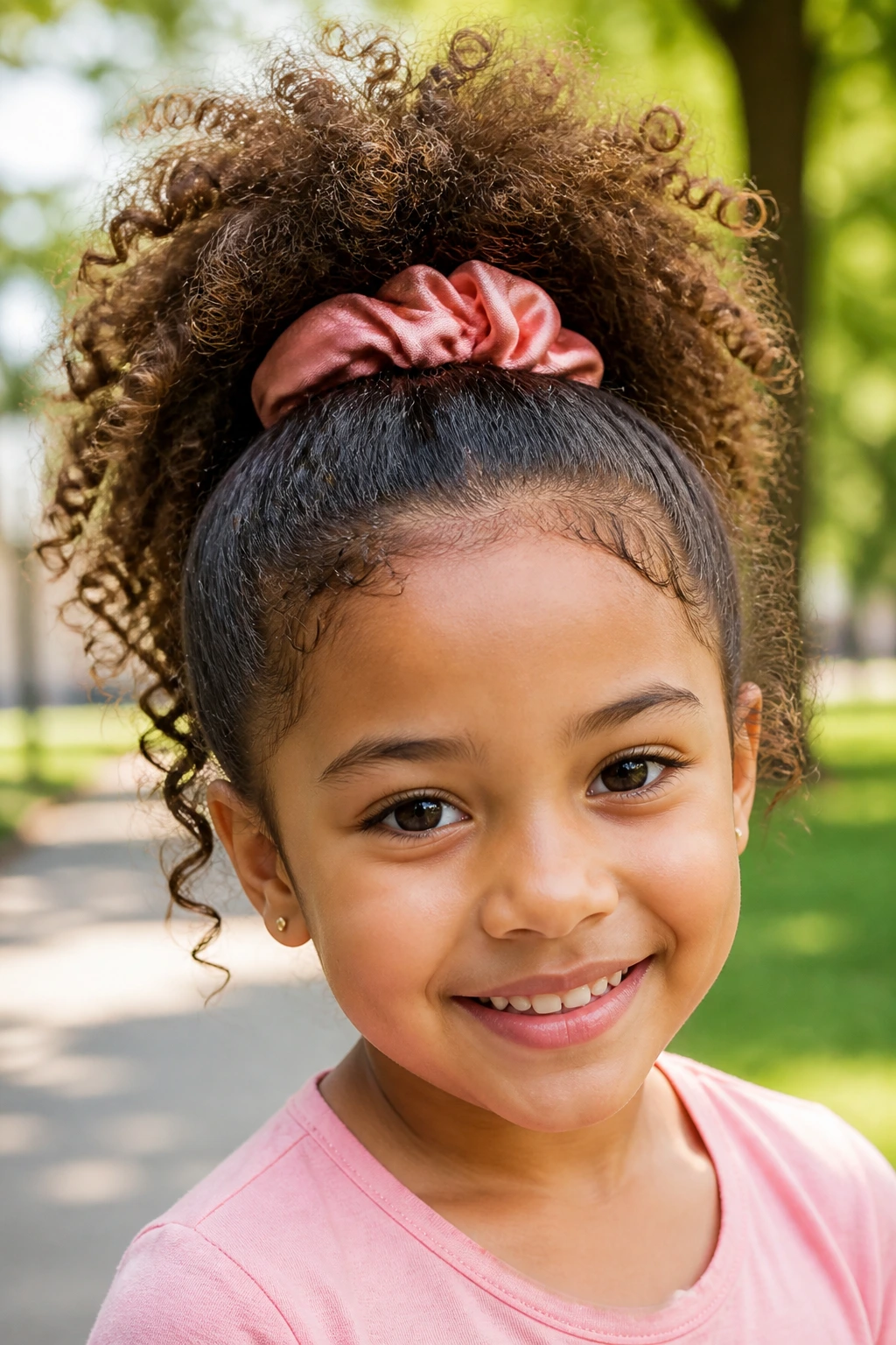 Close-up of a girl with curly hair in a high pineapple puff