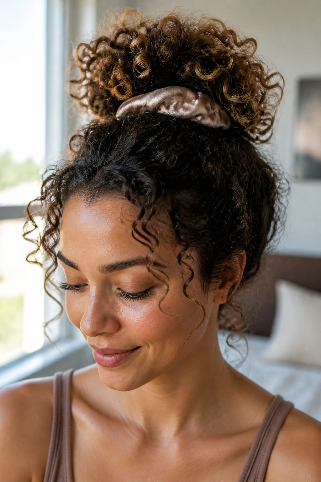 Close-up of curly pineapple tuck showing curls atop head with satin scrunchie