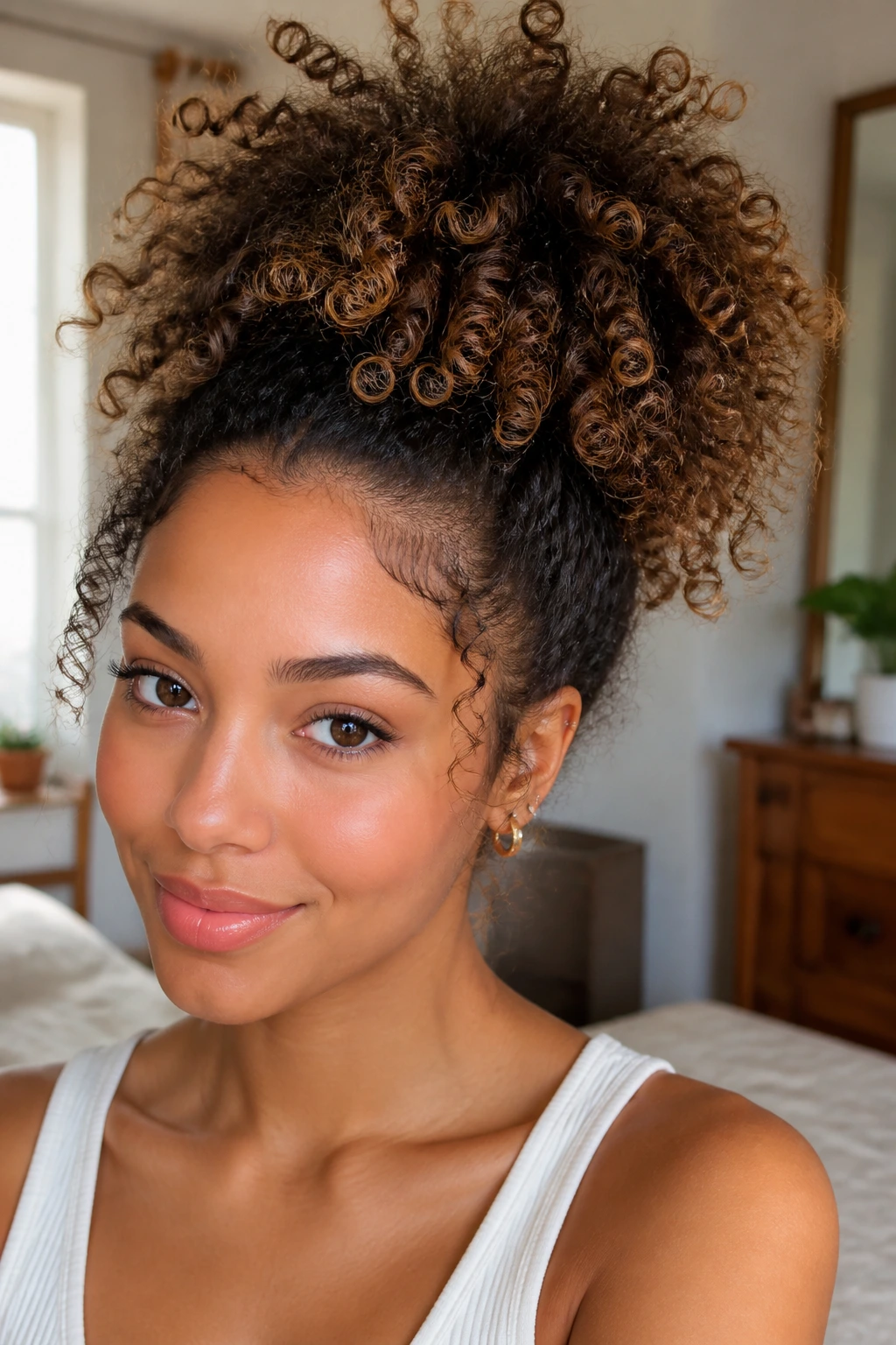 Real woman with curly pineapple puff, high rounded crown of curls.