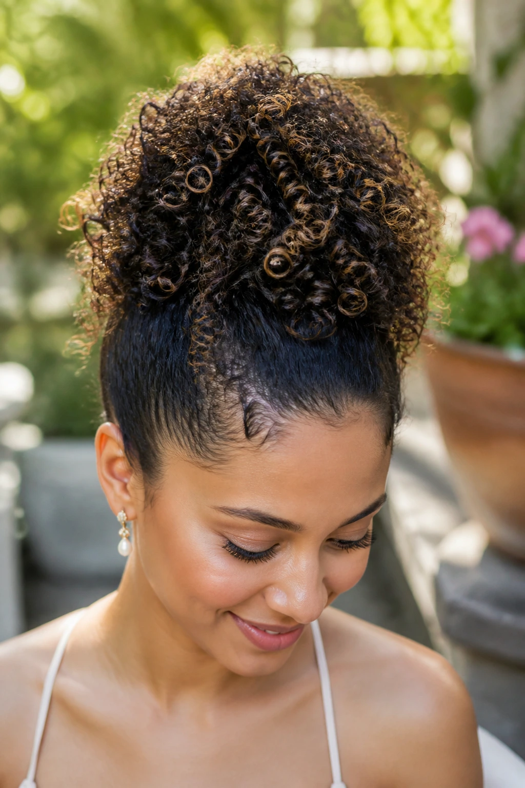 Close-up of a woman in a high curly pineapple updo with neat edges, outdoors in natural light.