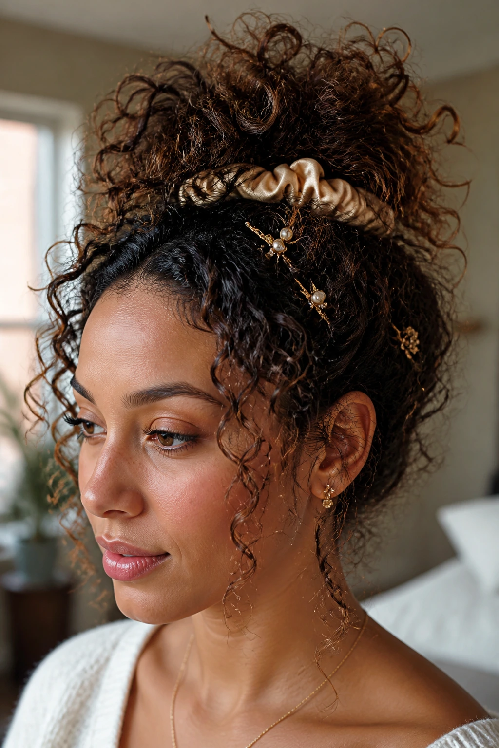 Close-up of curly pineapple updo with pins on a real woman