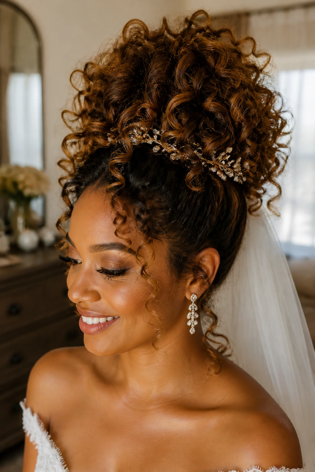 Close-up of a bride's high curly pineapple updo in a bridal suite