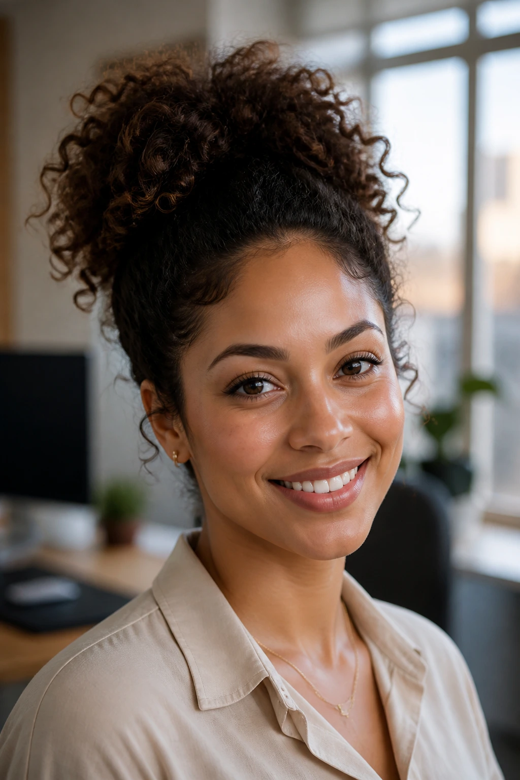 Close-up portrait of a real woman with curly pineapple updo in natural office light