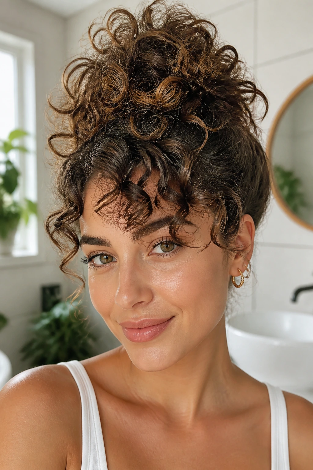 Real woman with curly pineapple updo, curls spilling forward in bright room