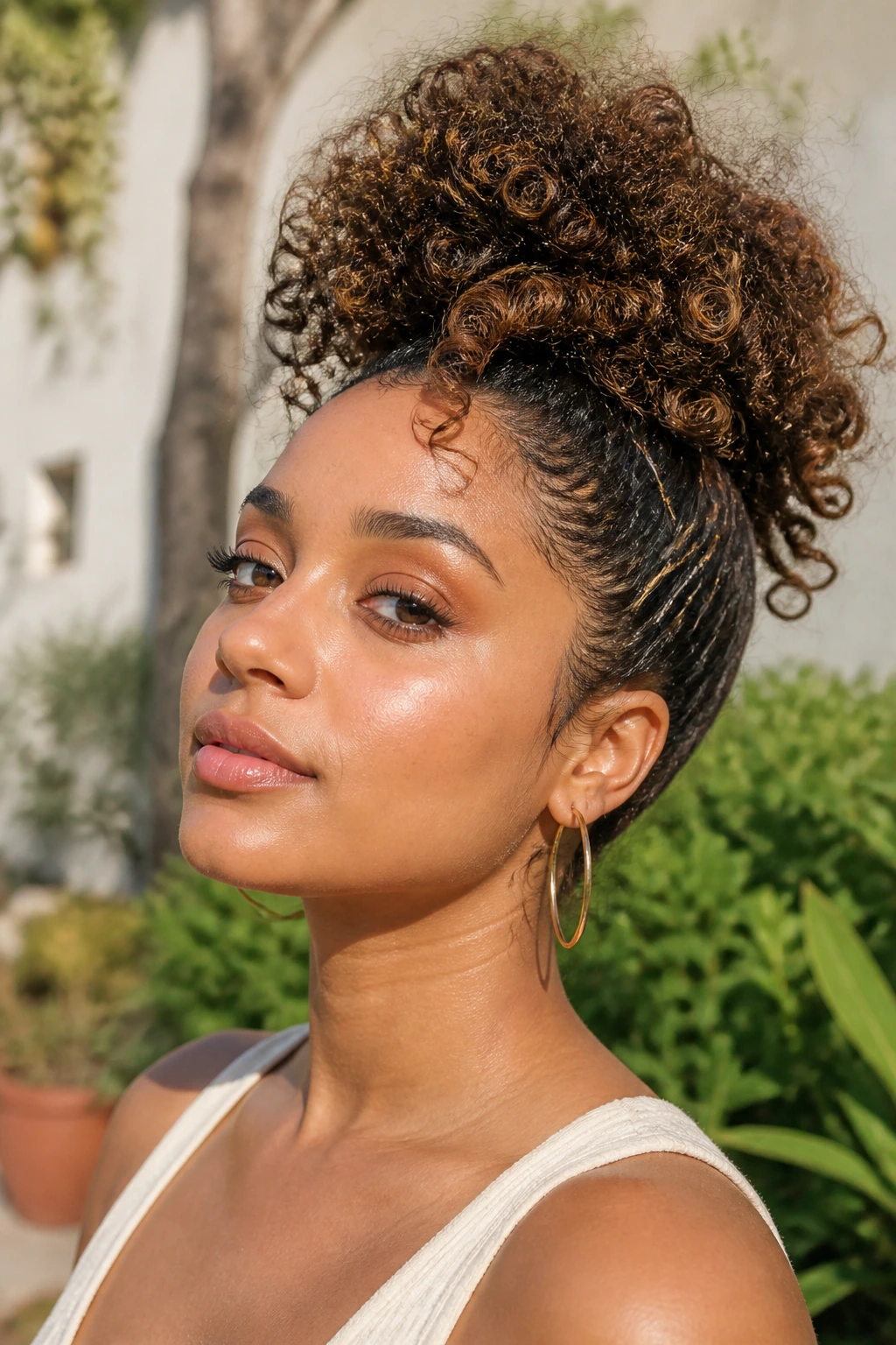 Curly pineapple updo on real woman with pins, outdoors in bright daylight