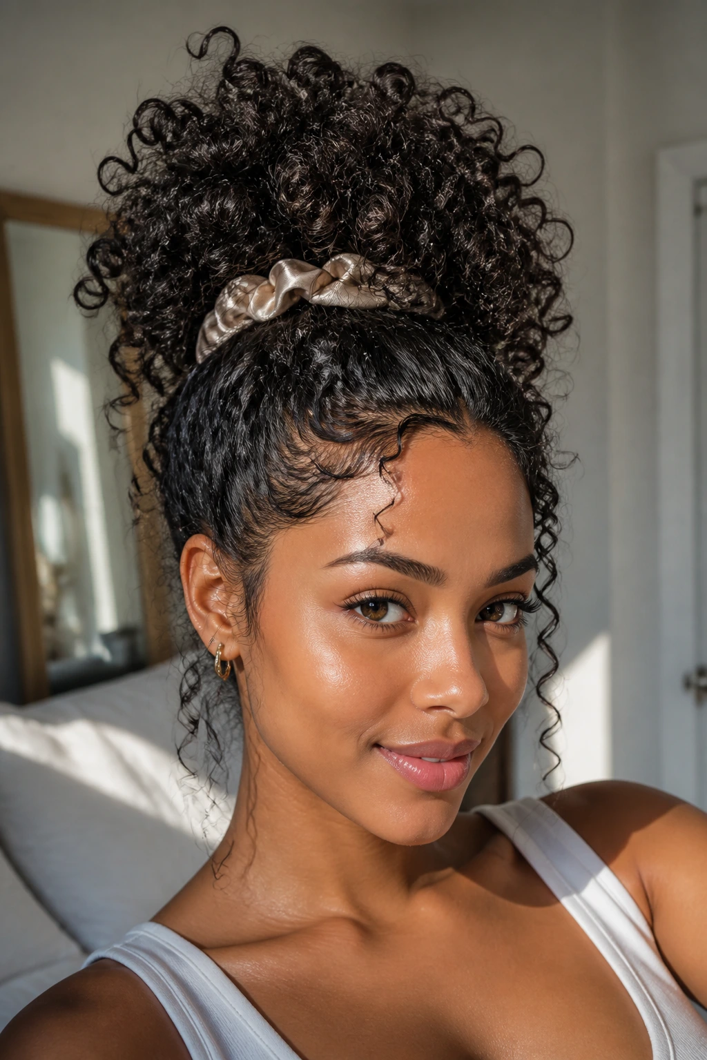 Close-up of curly pineapple updo prom hairstyle on a real woman