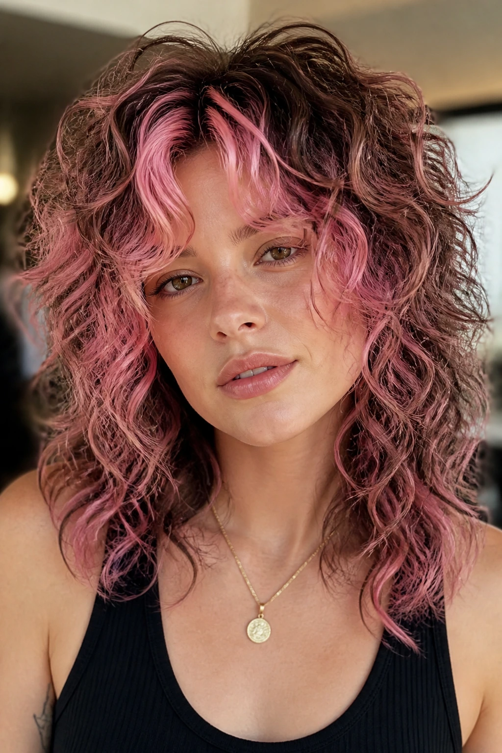 Close-up of a woman with curly pink money-piece shag