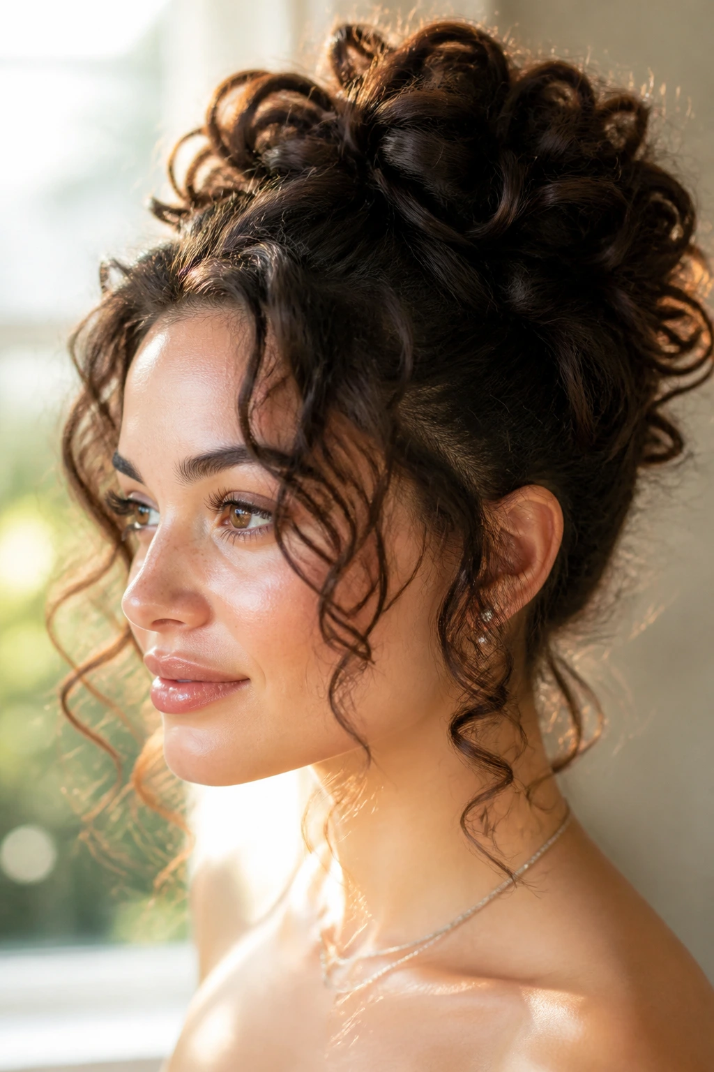 Close-up of a real woman with curly pinned updo, curls visible and pinned