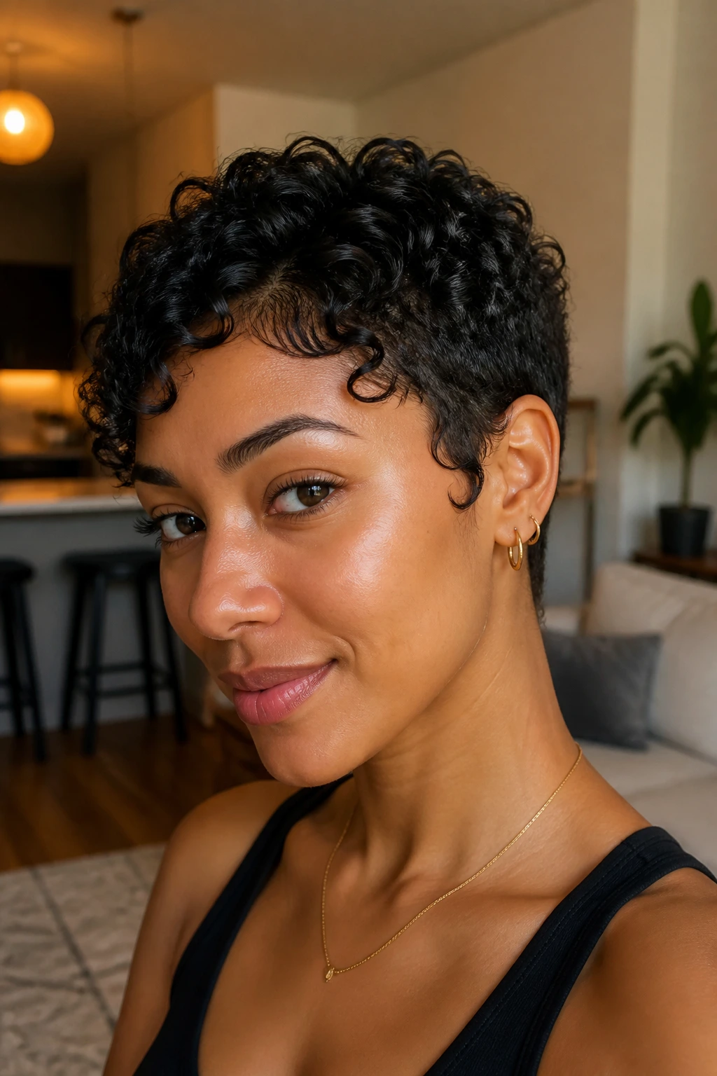 Close-up of real person with curly pixie cut showing springs and temple bends.