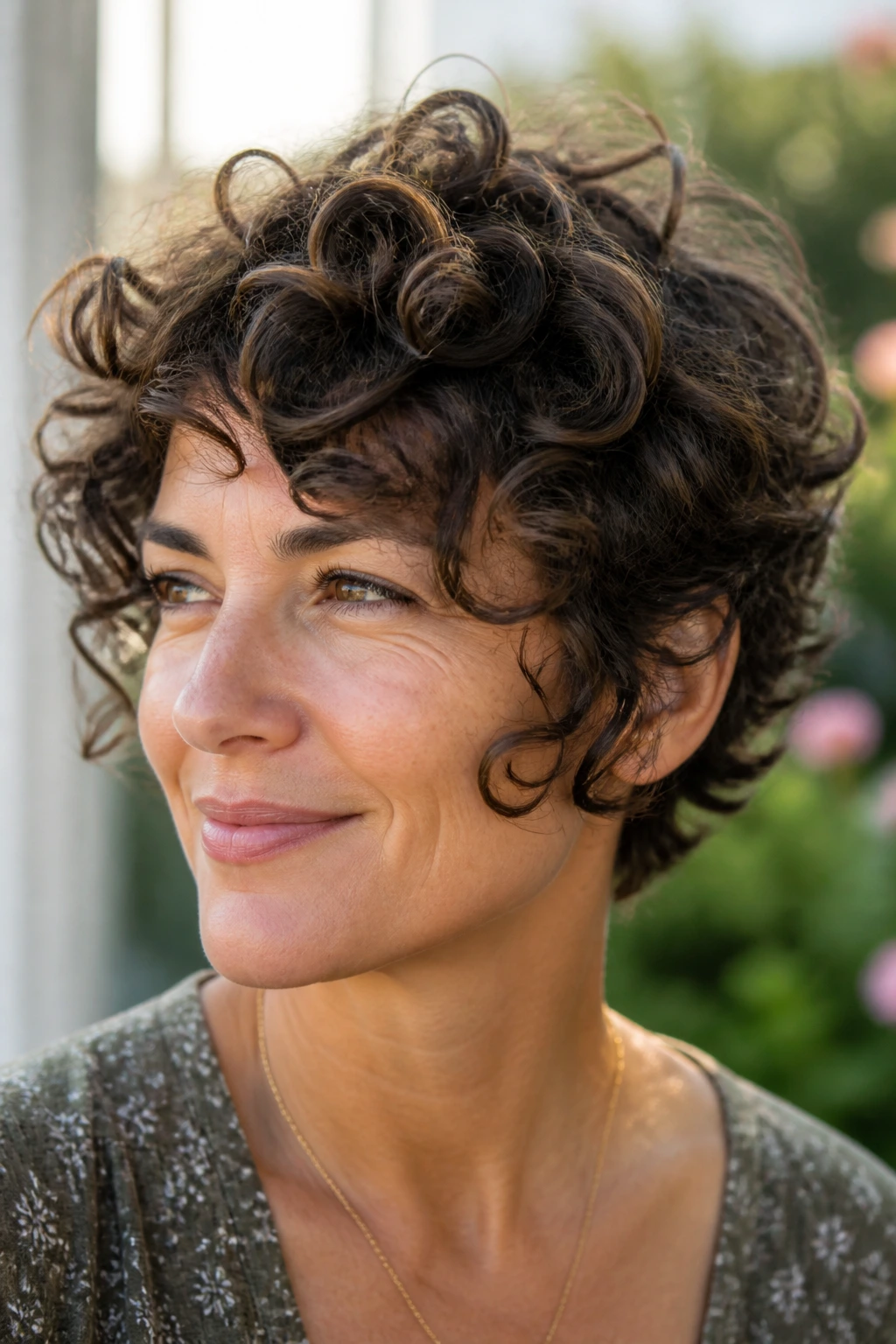 Close-up of a real woman with a curly pixie and airy layers in natural light.