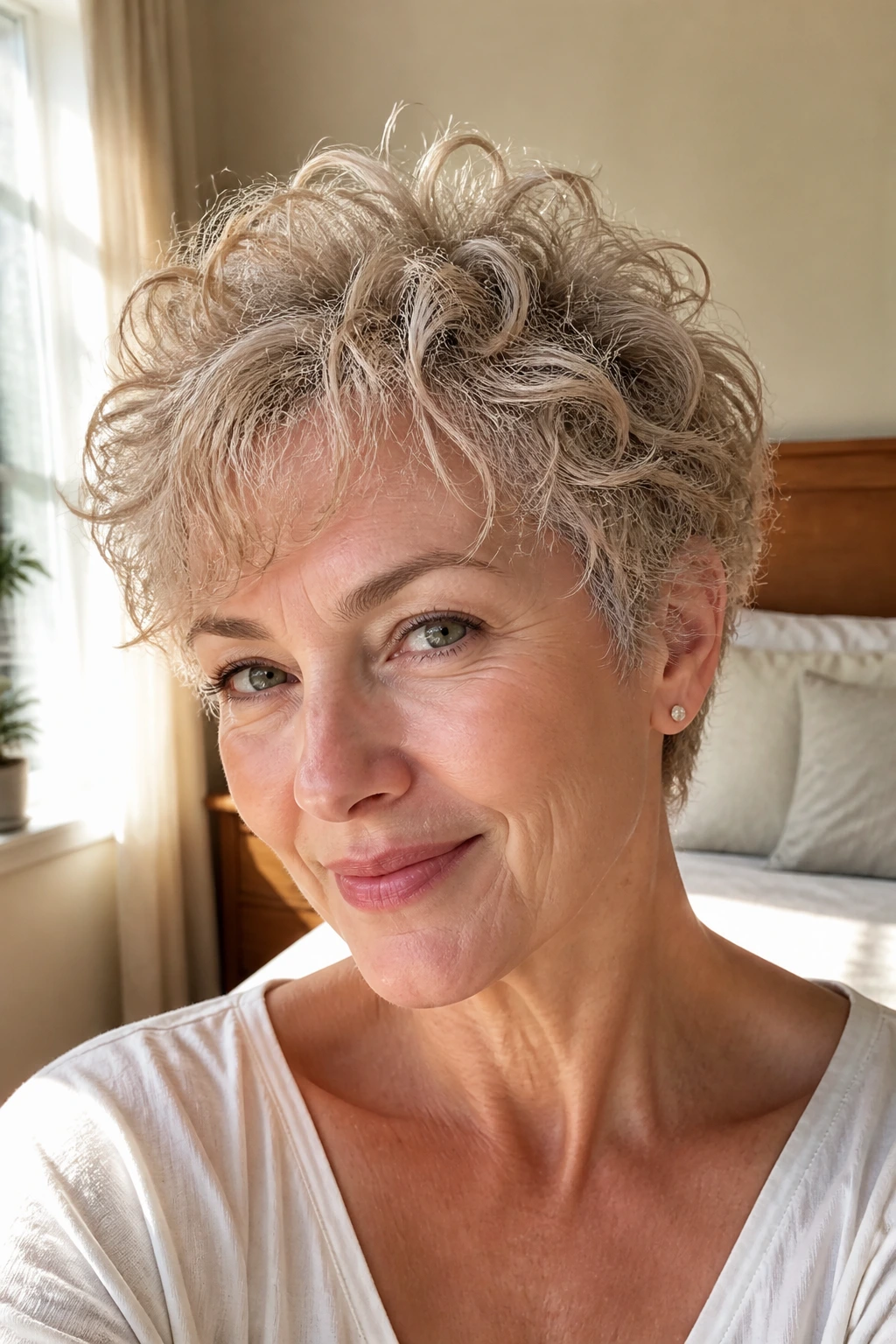 Close-up of a real woman with curly pixie and airy layers in sunlit bedroom