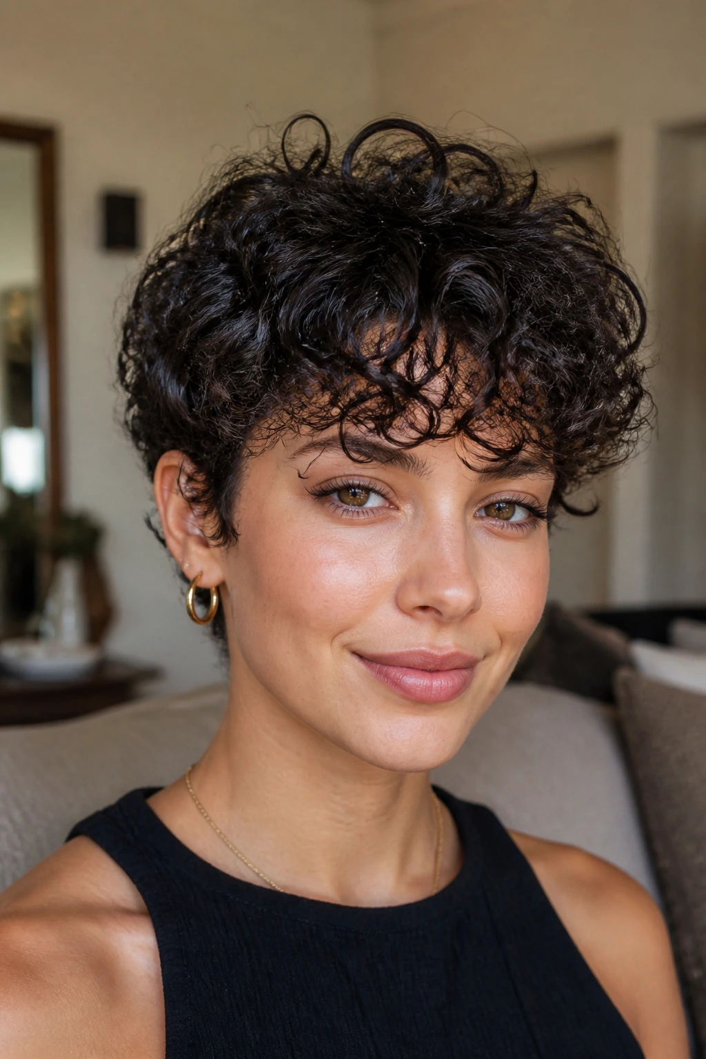 Close-up portrait of a real woman with curly pixie bangs.