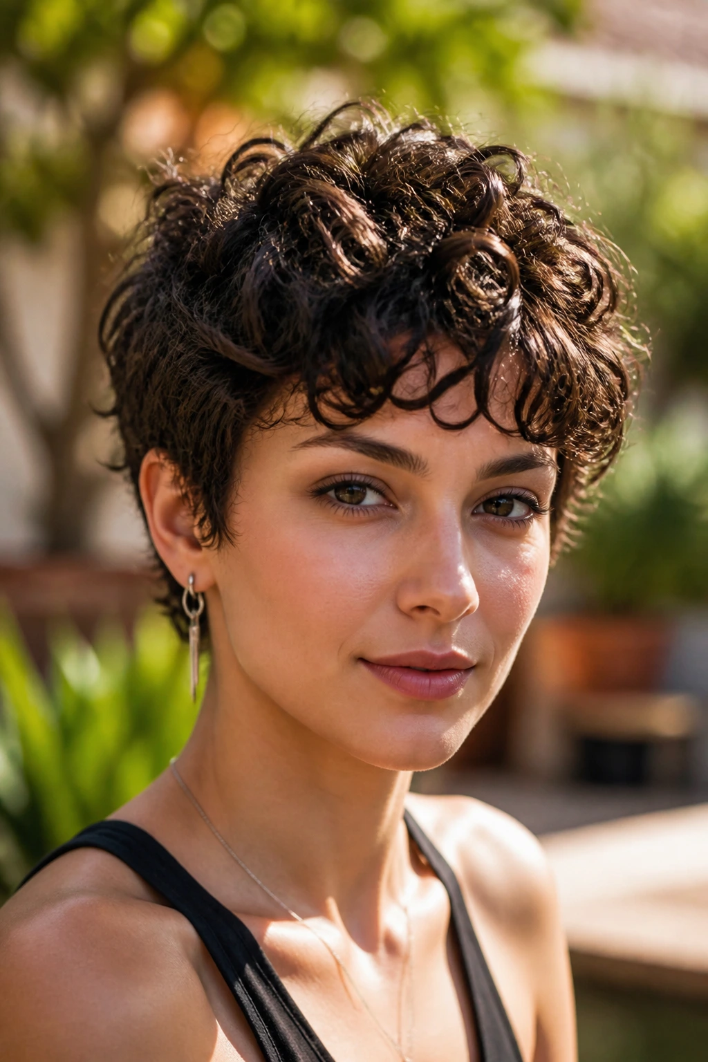 Close-up of a real person with a curly pixie cut and curly bangs in a sunlit garden