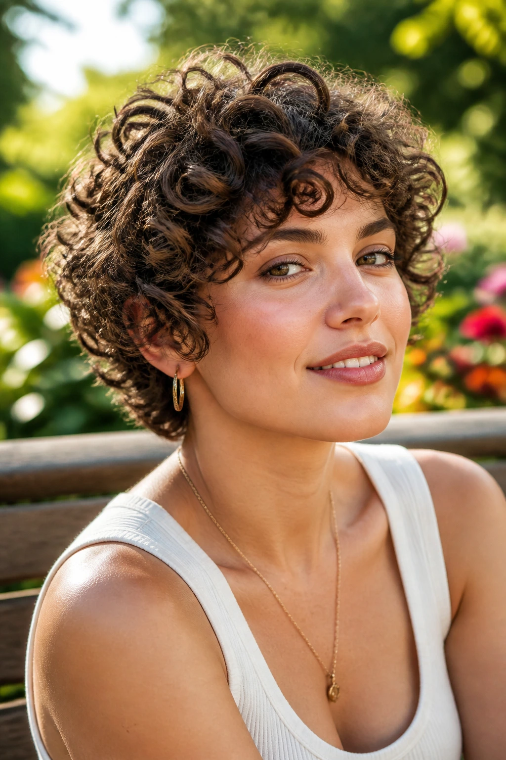 Real woman with curly pixie bob on a park bench in natural light