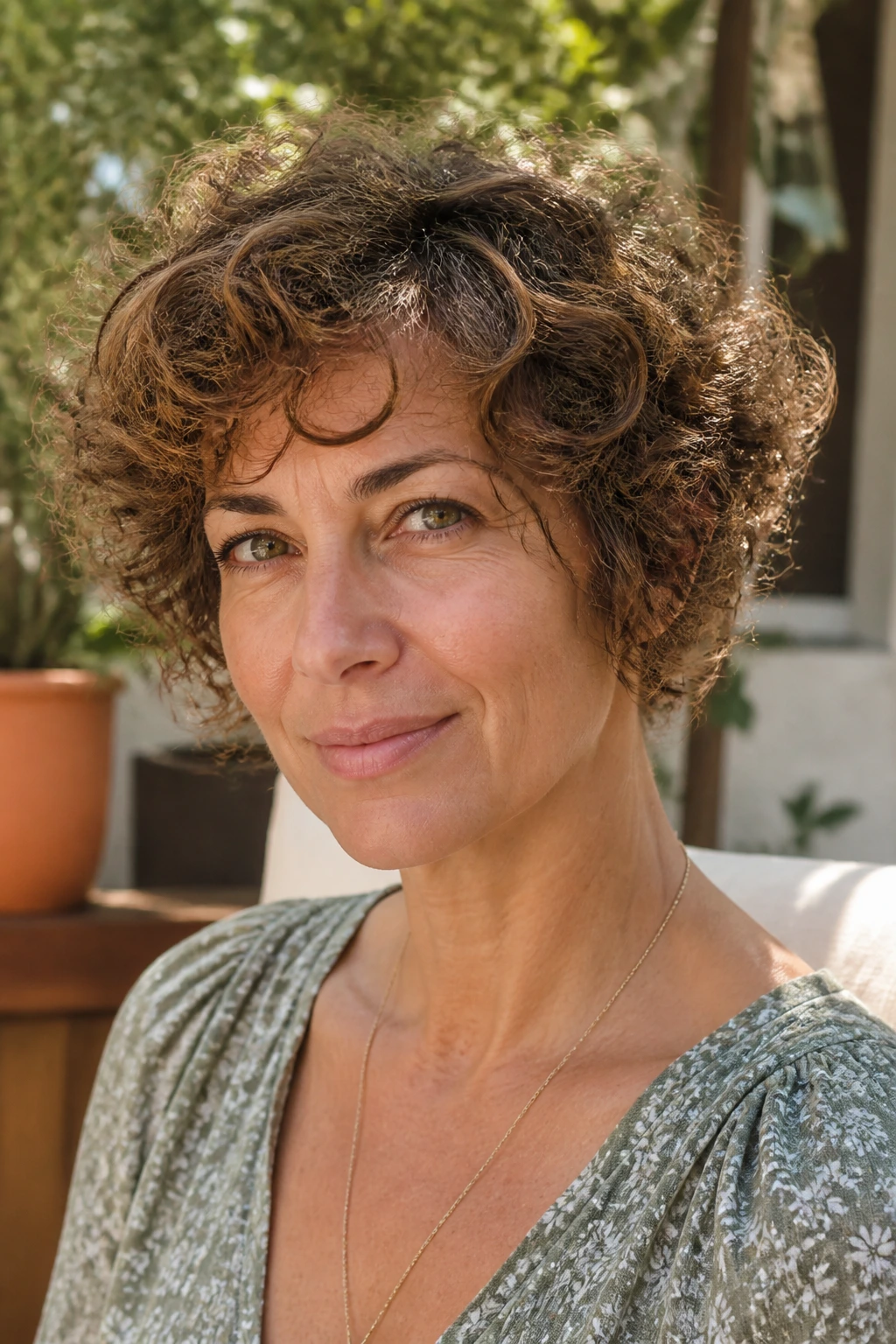 Close-up portrait of a real woman with a curly pixie bob and defined curls.