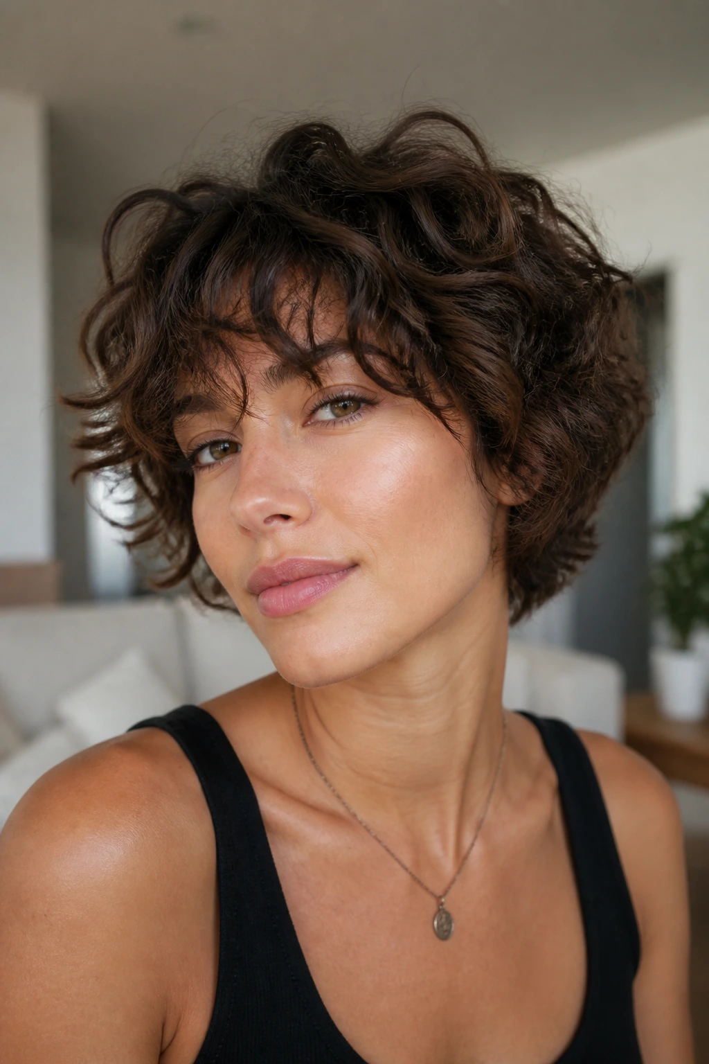 Close-up portrait of a real woman with Curly Pixie-Bob Shag and grown-out bangs