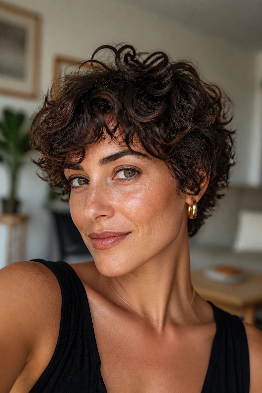 Close-up portrait of a real woman with Curly Pixie Bob with Soft Layers, highlighting soft layered curls.