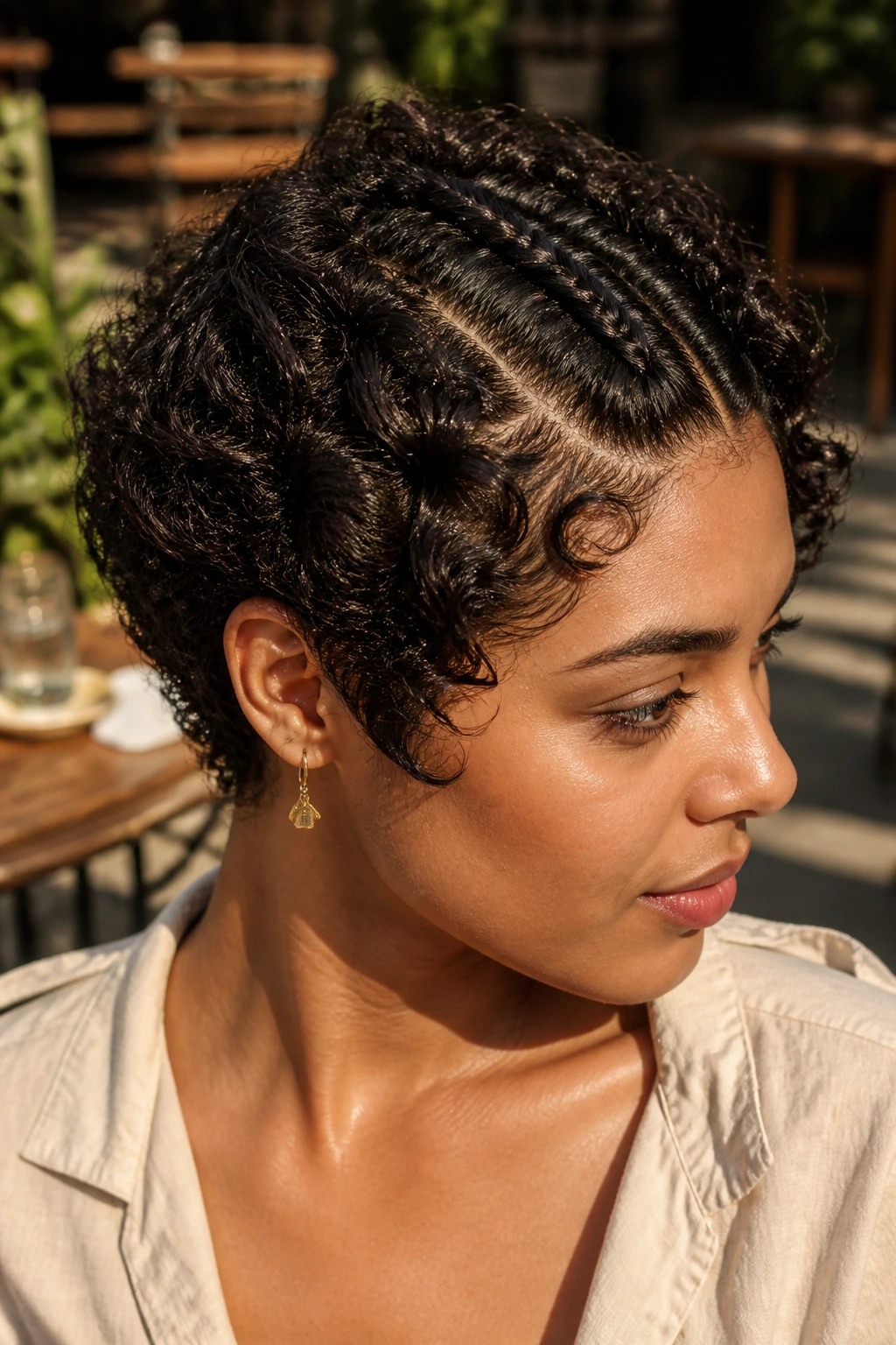 Close-up of a real person with a curly pixie and a top braid along the crown