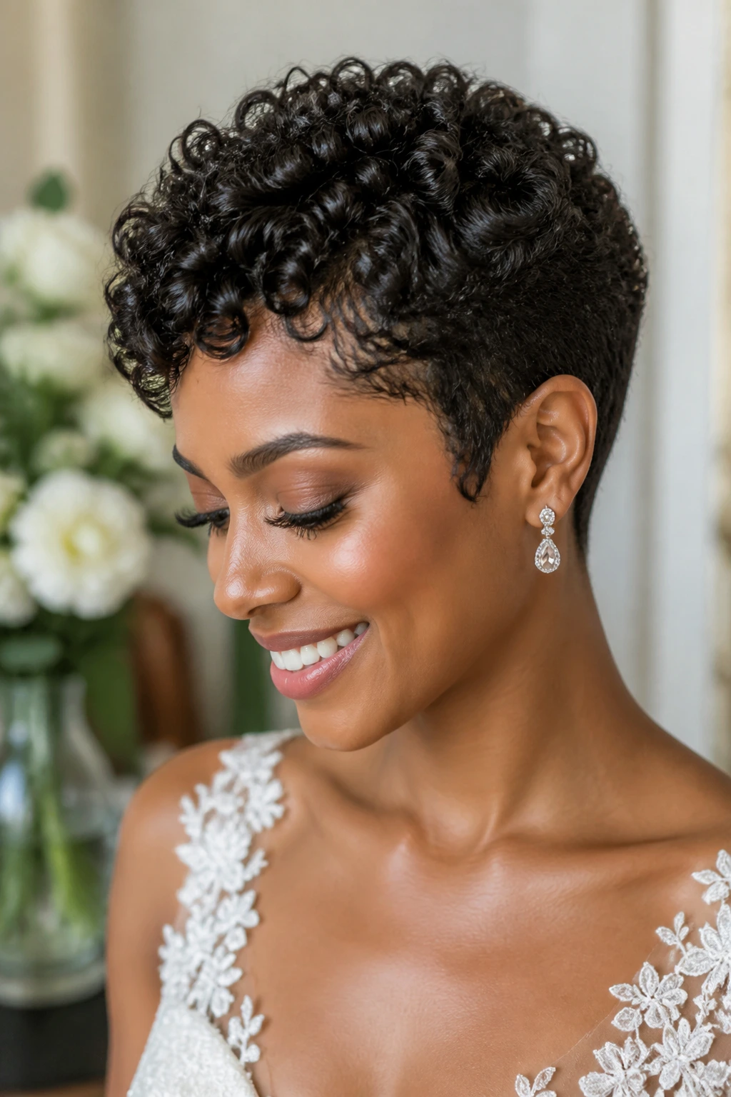 Close-up of a bride with defined curly pixie and clean edges