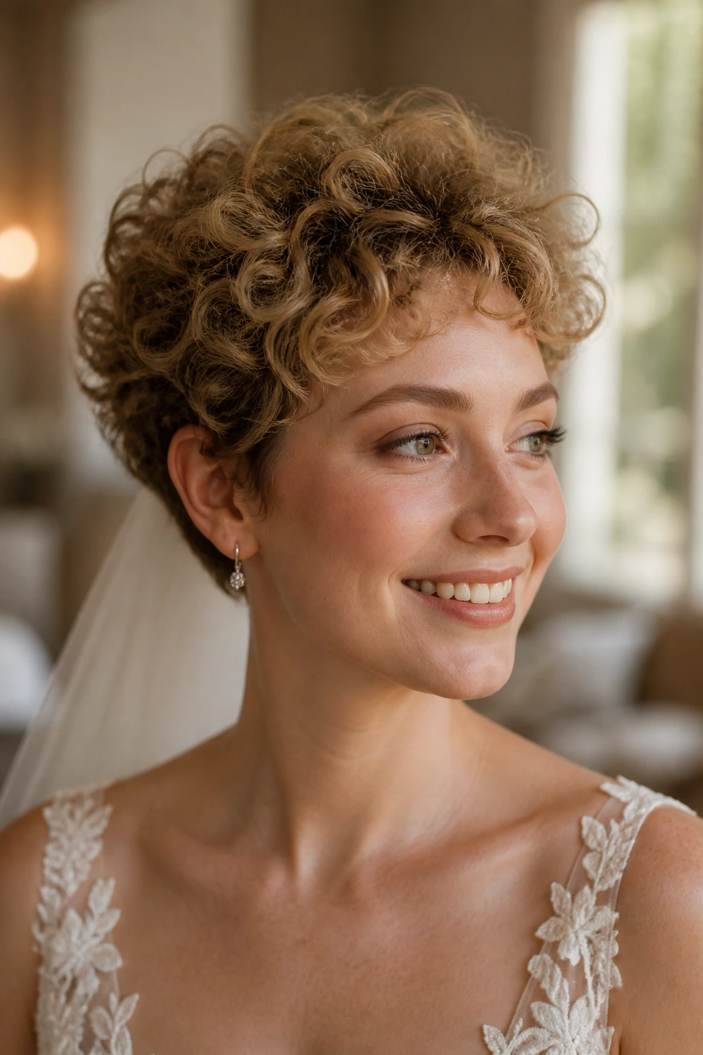 Close-up of a real bride with a curly halo pixie, curls forming a soft cloud around the head.