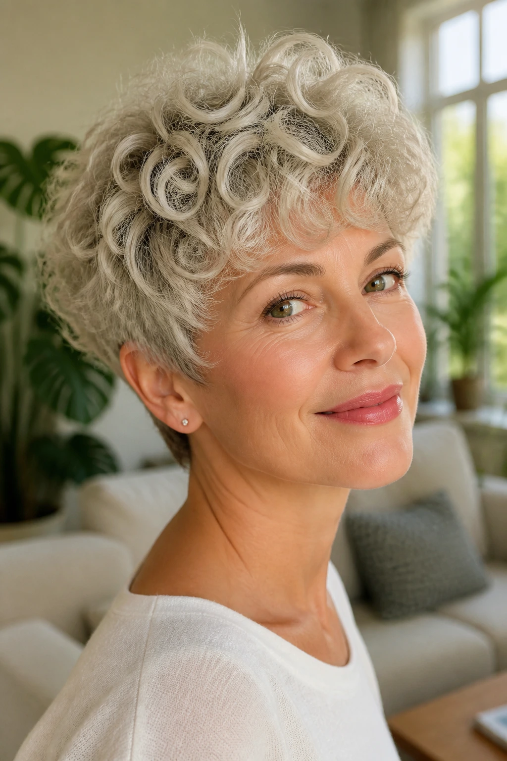 Close-up portrait of a real woman with curly cloud pixie hairstyle and soft, buoyant curls.