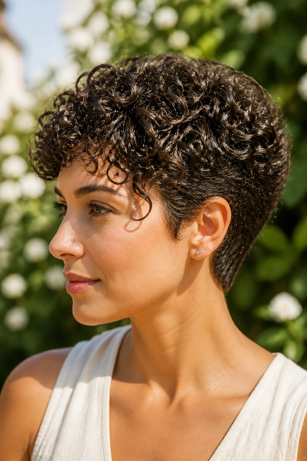 Portrait of a real woman with curly pixie showing intact coil pattern