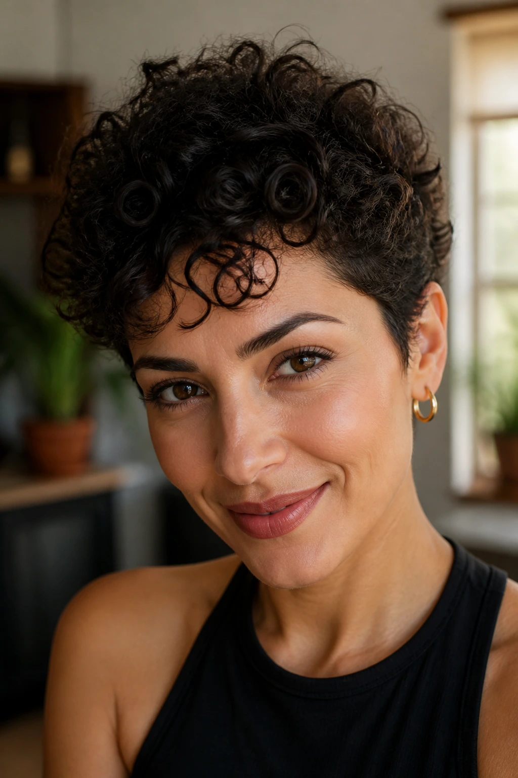 Close-up portrait of a real person with a curly pixie cut showing lift and natural texture.