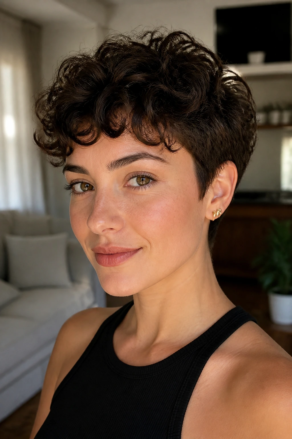 Close-up portrait of a real person with curly pixie crop under natural window light.