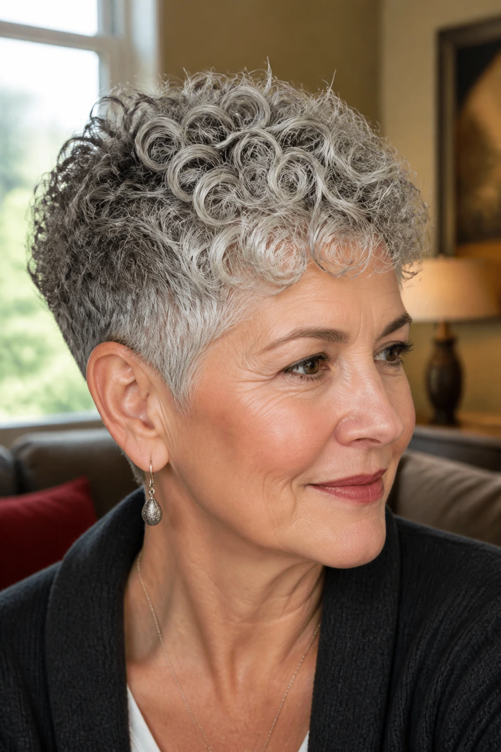 Close-up portrait of a real woman with a curly pixie crop in warm window light