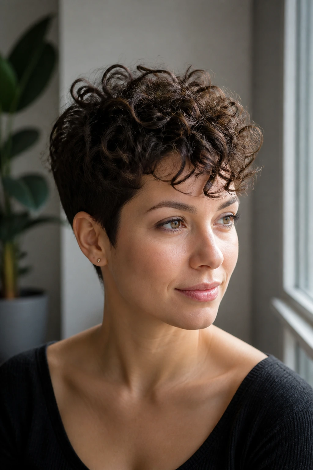Close-up portrait of a woman with curly pixie and crown lift in natural light