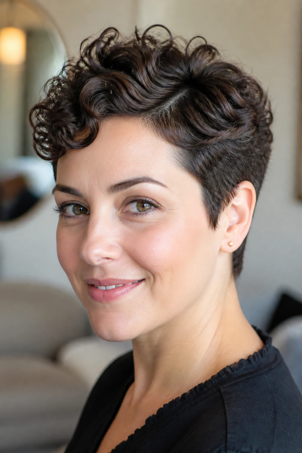 Close-up portrait of a real woman with Curly Pixie with Crown Lift, crown lifted and sides tapered.