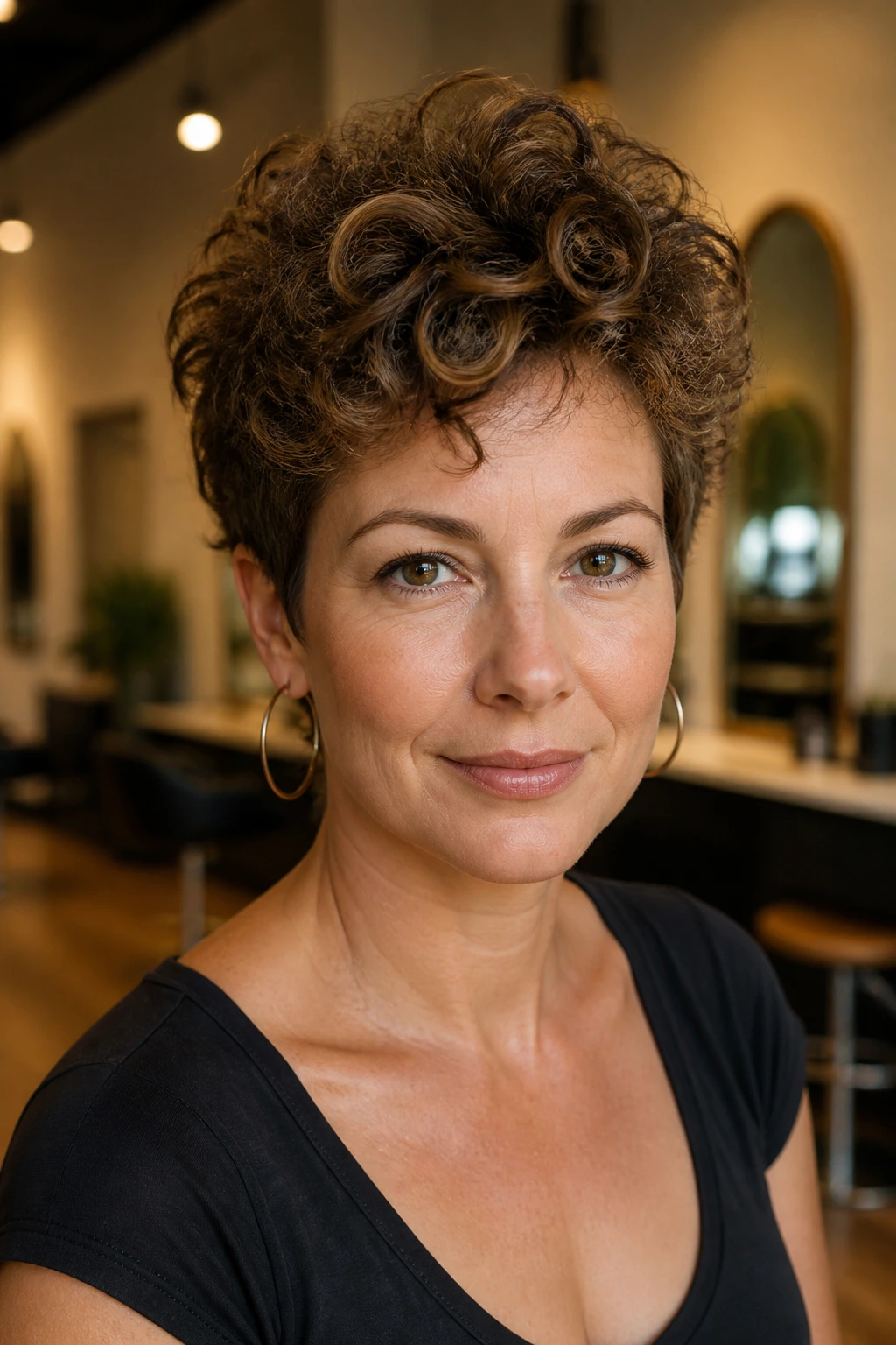 Front portrait of a real person with a curly pixie and a lifted crown for extra volume.