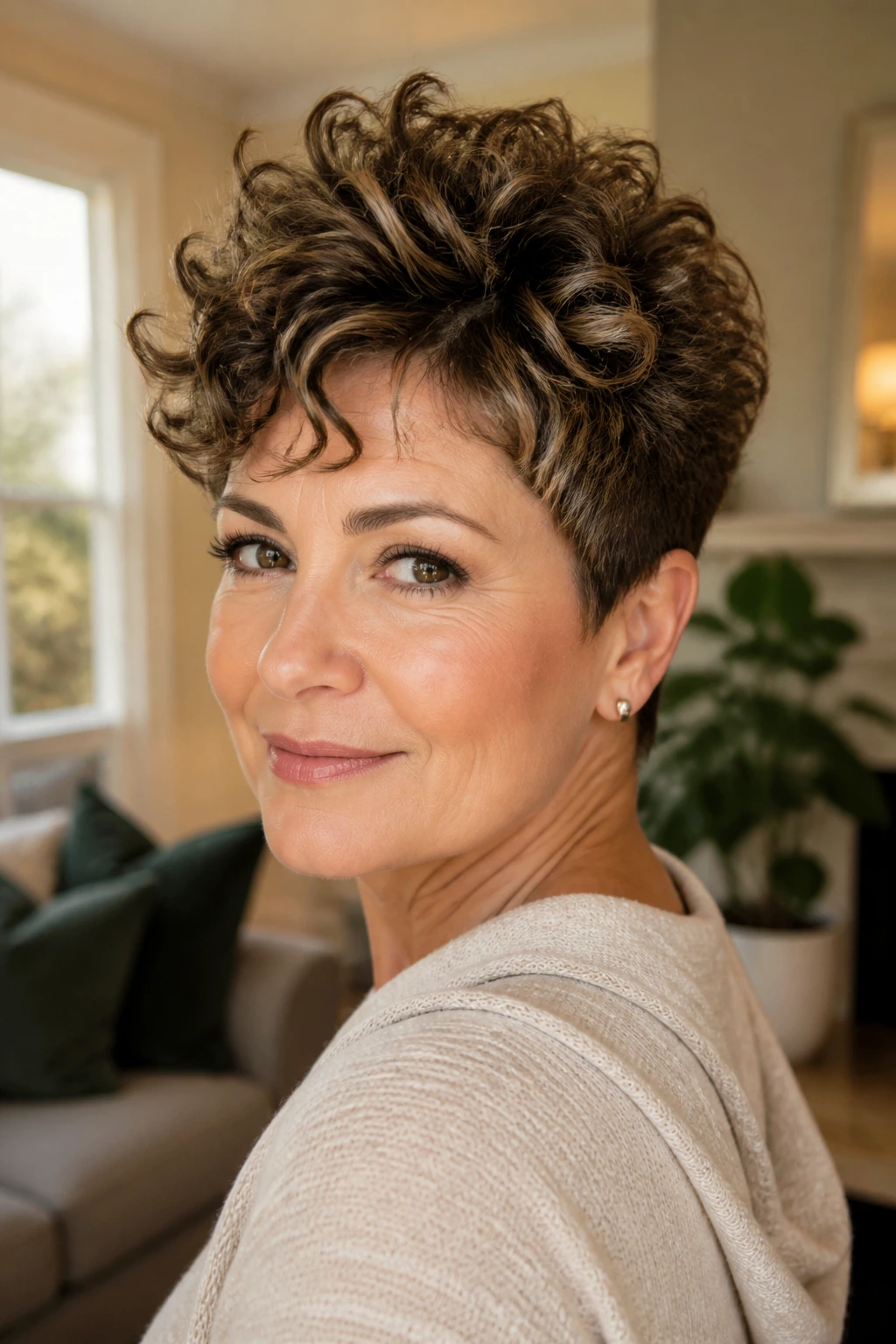 Close-up portrait of a real woman with curly pixie and crown lift.