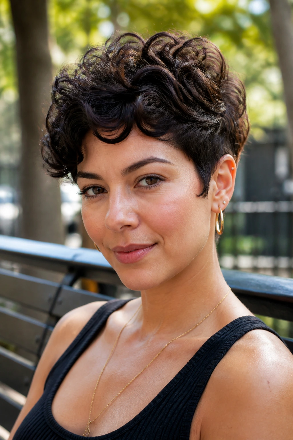 Portrait of a real woman with curly pixie and voluminous crown in natural daylight