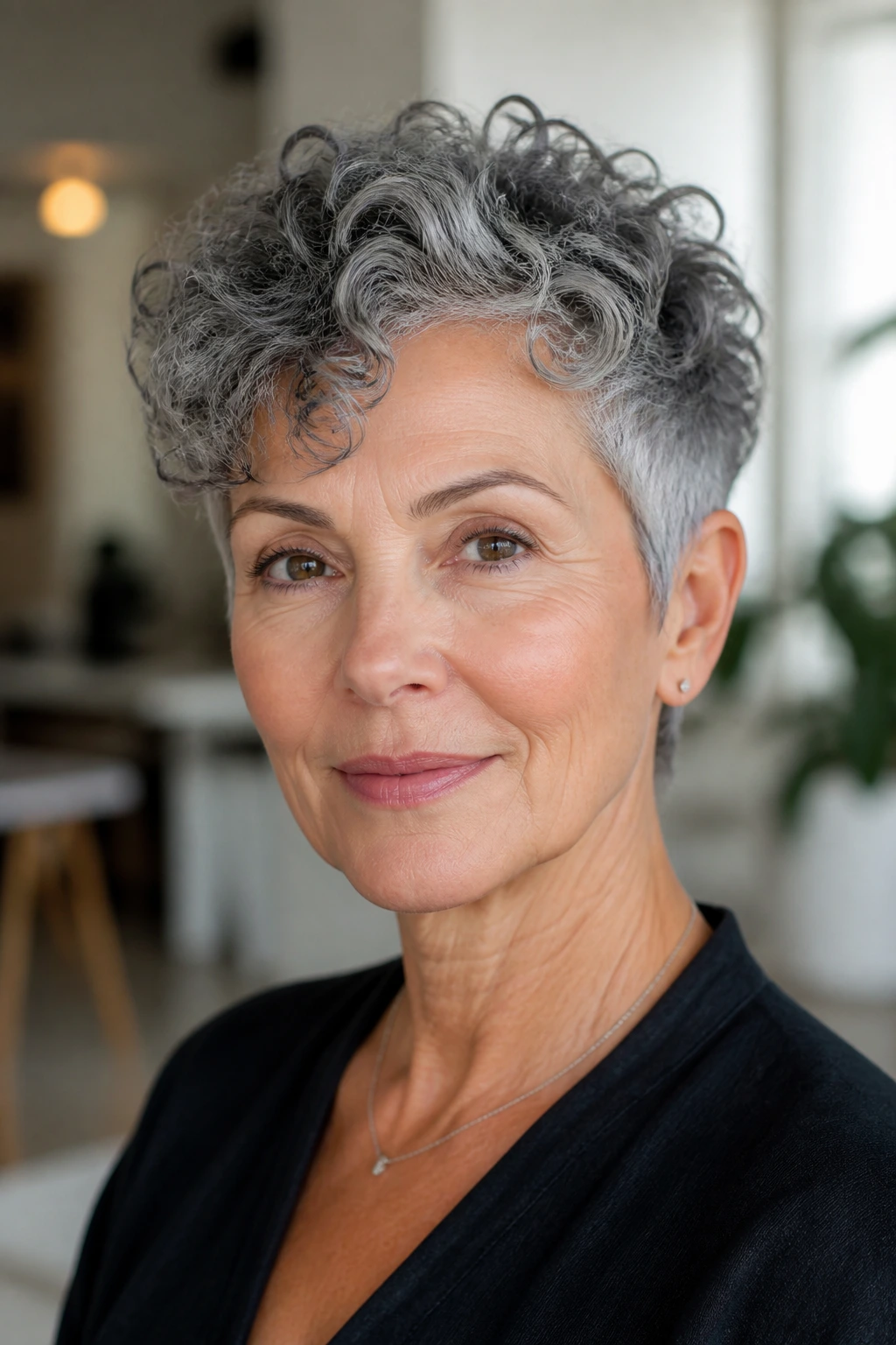 Portrait of a woman with curly pixie cut emphasizing curl pattern.