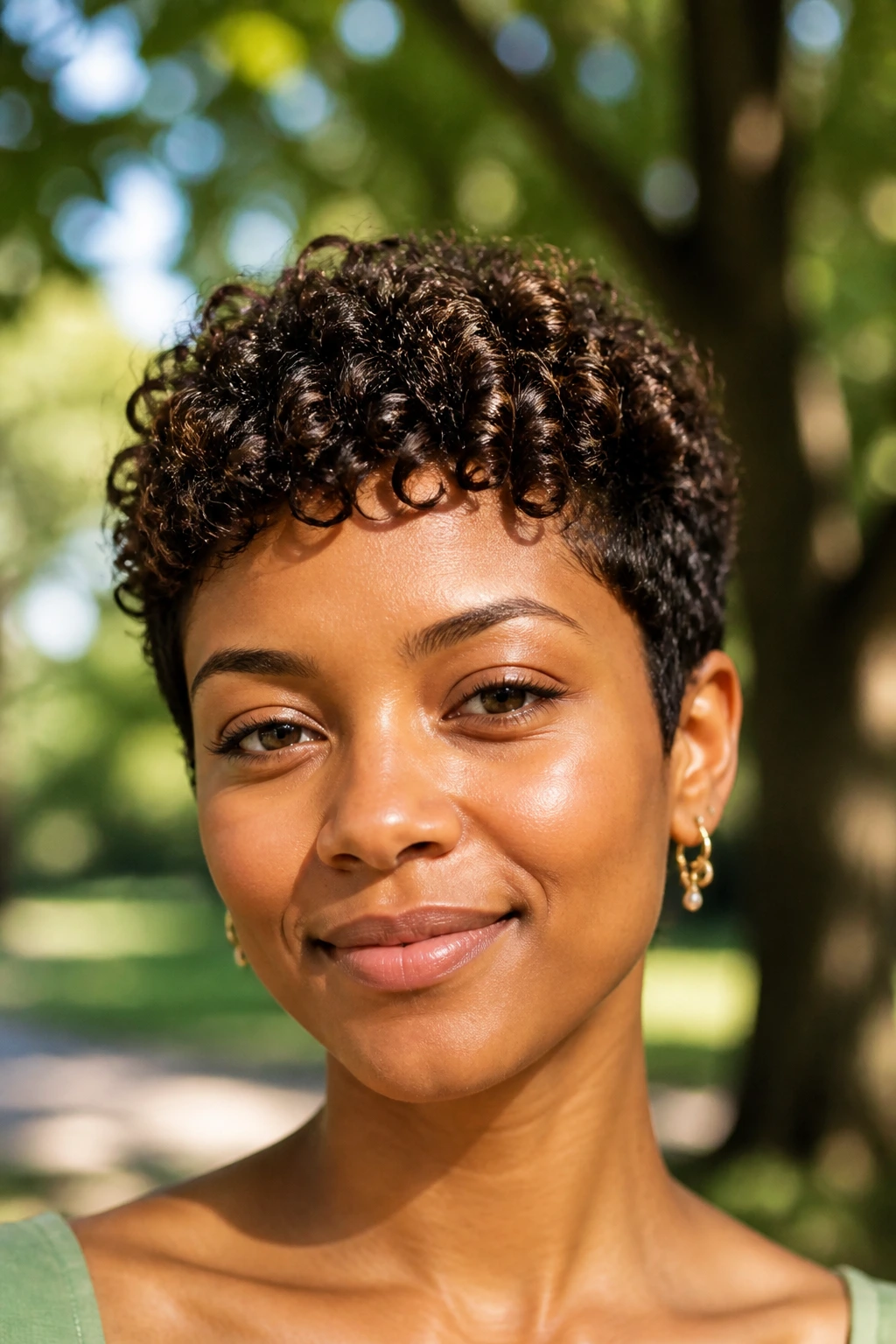 Real person with curly coil pixie in natural outdoor light, curls springing
