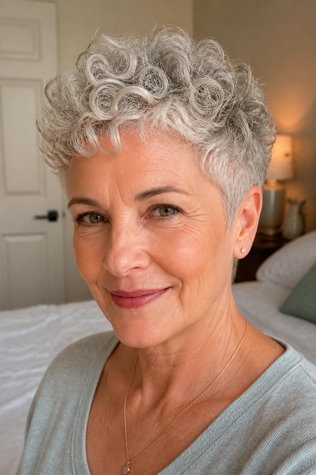 Portrait of a woman with a curly pixie cut showing defined curls
