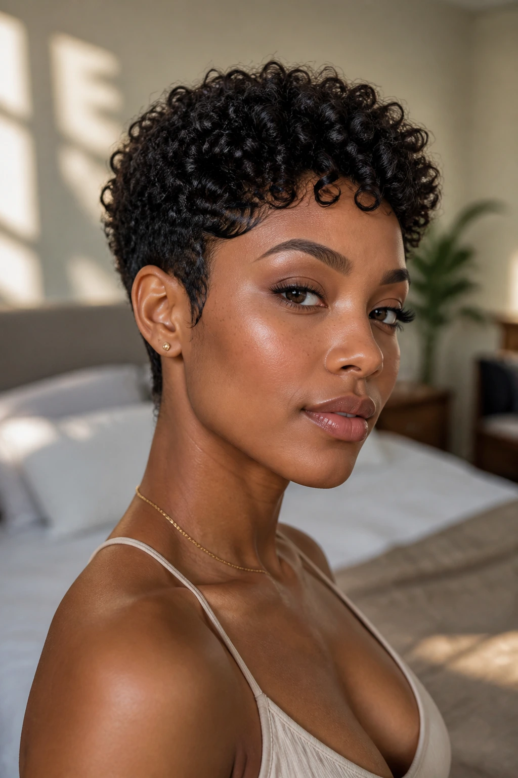 Close-up portrait of a real woman with a curly pixie cut under warm natural light