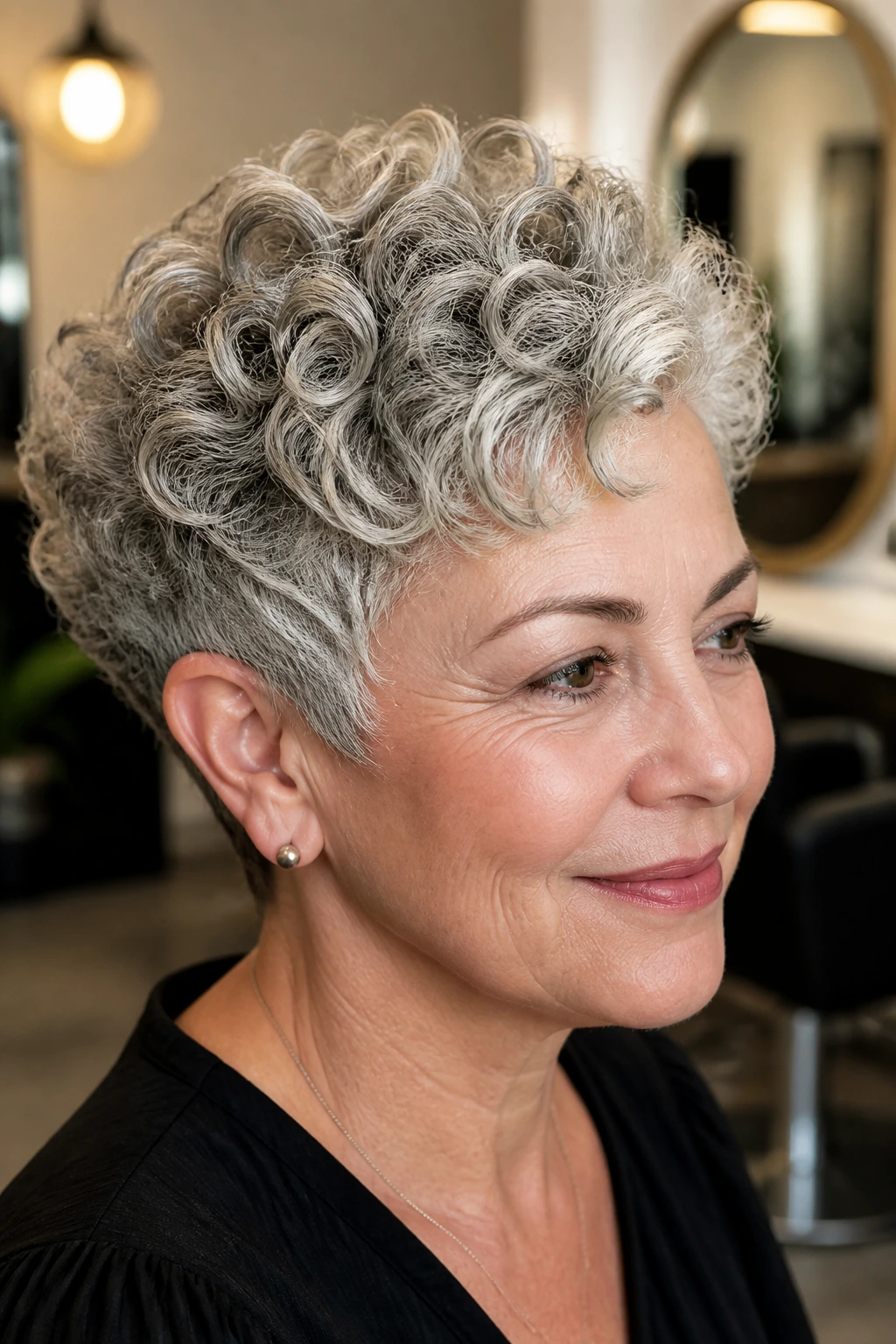 Close-up portrait of an older woman with curly pixie and defined ringlets in silver hair