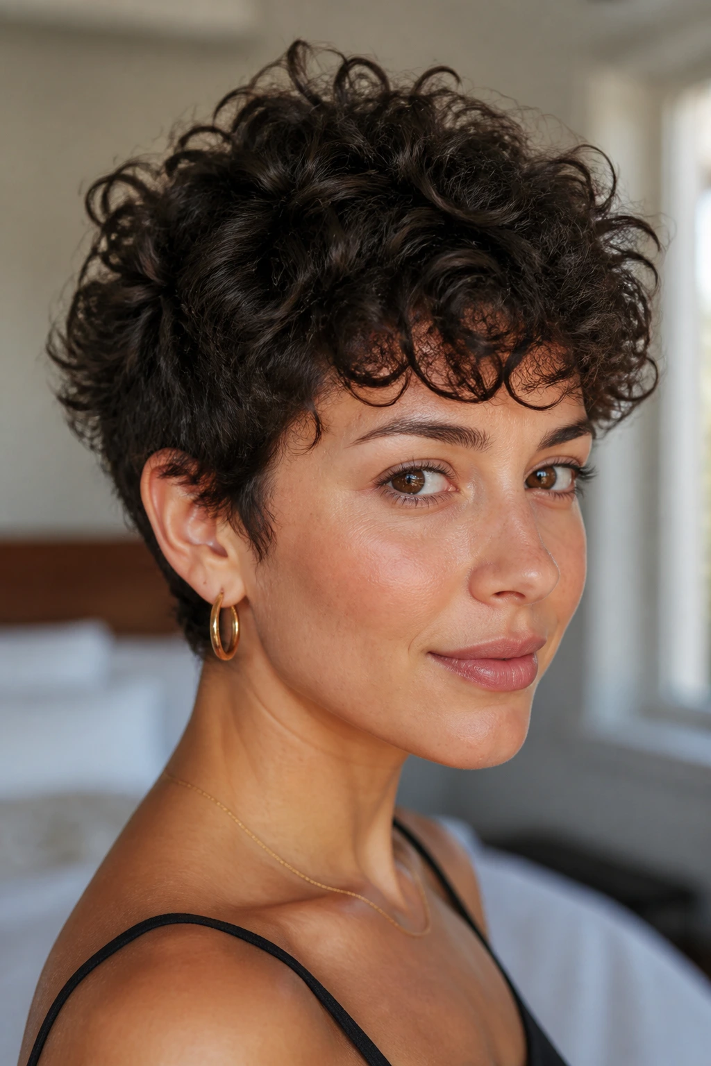 Close-up of a real woman's curly pixie cut showing dense curls at temples and nape