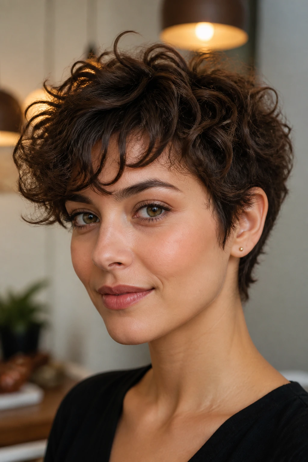 Curly pixie with long feathered fringe portrait
