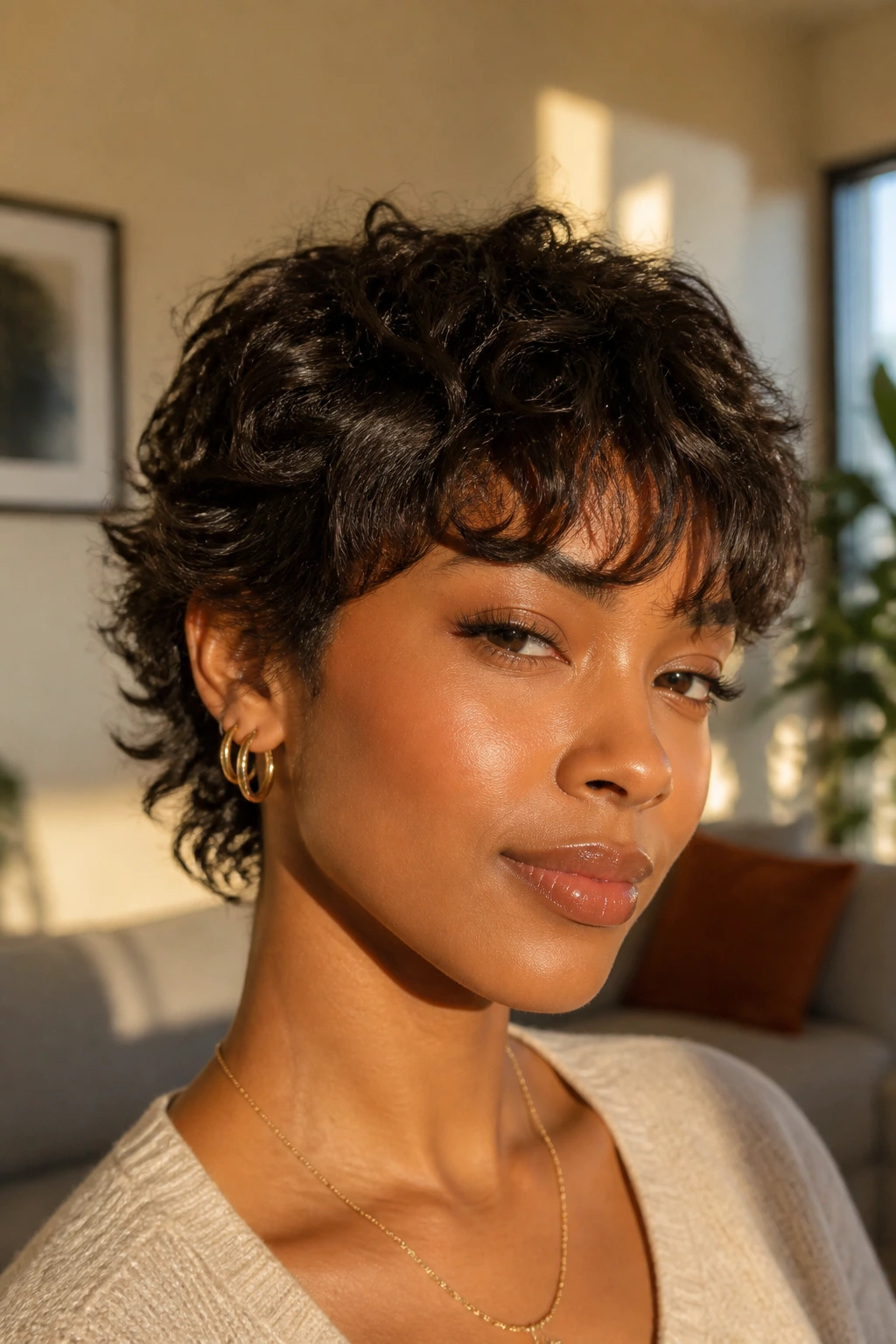 Curly pixie with feathered fringe on a real person